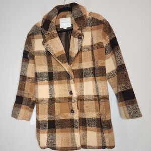 American Eagle Oversized Faux Sherpa Brown Plaid Long Coat XXS (fits up to a‎ S)